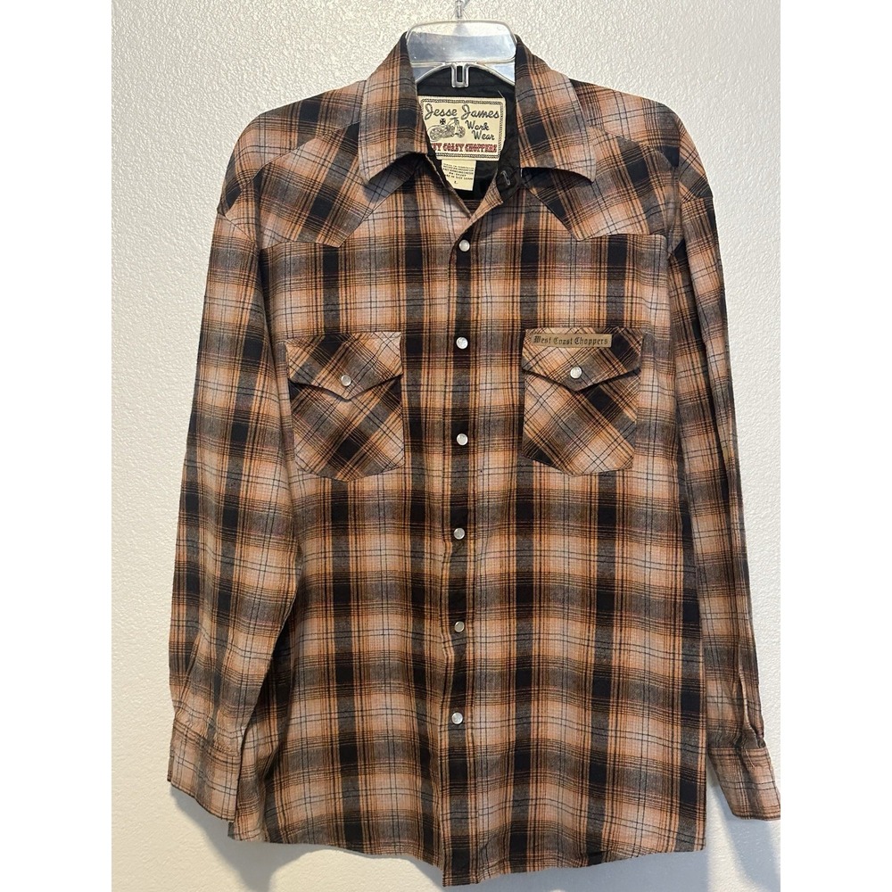 WEST COAST CHOPPERS‎ Shirt Large Orange Plaid Pearl Snap JESSE JAMES Work Wear